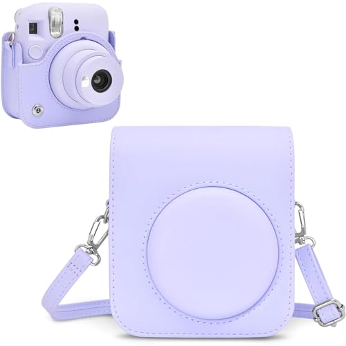 Rieibi Tasche für Fuji Instax Mini 12 – PU Leder Polaroid Schutzhülle für Fujifilm Instax Mini 12 Sofortbildkamera mit verstellbarem Schultergurt – Lila von Rieibi