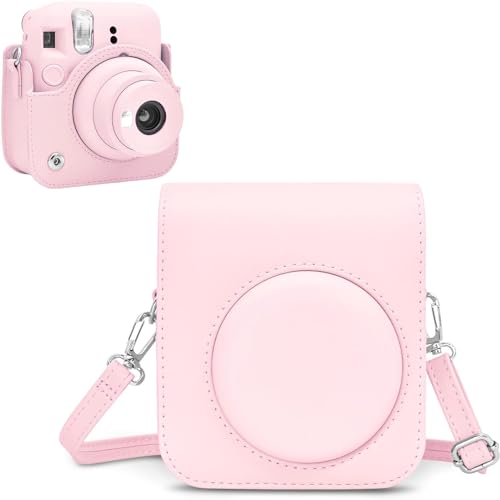 Rieibi Tasche für Fuji Instax Mini 12 – PU Leder Polaroid Schutzhülle für Fujifilm Instax Mini 12 Sofortbildkamera mit verstellbarem Schultergurt – Pink von Rieibi