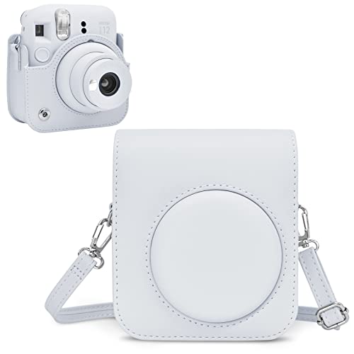 Rieibi Tasche für Fuji Instax Mini 12 – PU Leder Polaroid Schutzhülle für Fujifilm Instax Mini 12 Sofortbildkamera mit verstellbarem Schultergurt – Weiß von Rieibi