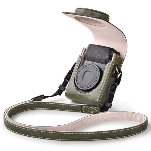 Rieibi Kameratasche für Sony RX100-Serie – Retro-Ledertasche für Sony ZV1F/ZV1/Ricoh GR IIIx/Ricoh GR III II/Panasonic LX9 LX10 LX15 – Sony Kamera-Tragetaschen-Abdeckung mit Riemen – Grün von Rieibi