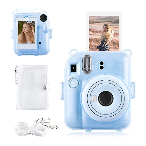 Rieibi Instax Mini 12 Tasche – Glitzerhülle für Fujifilm Instax Mini 12 Sofortbildkamera mit Fototasche auf der Rückseite, transparentem Schultergurt und Mini-Fotoalbum - Glitzer Blau von Rieibi