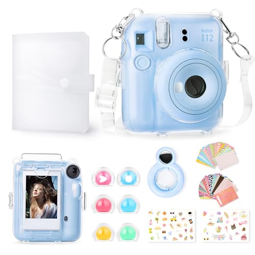 Rieibi Zubehör für Fujifilm Instax Mini 12, Geschenkpaket enthält transparente Instax Mini 12 Hülle mit Gurt, Mini-Fotoalbum, Selfie-Spiegel, DIY-Aufkleber, Farbfilter (ohne Kamera) – Blau von Rieibi