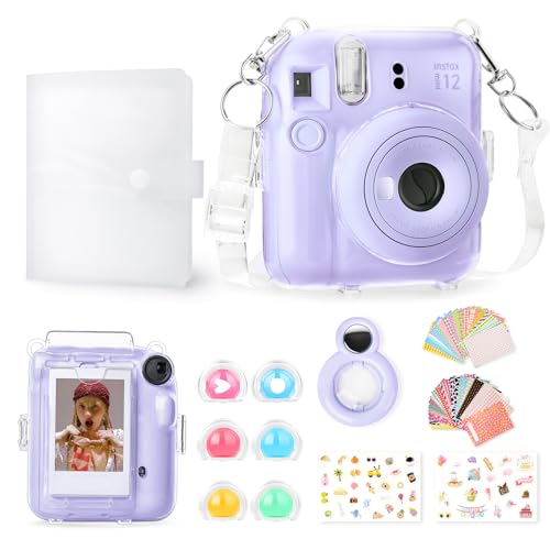 Rieibi Zubehör für Fujifilm Instax Mini 12, Geschenkpaket enthält transparente Instax Mini 12 Hülle mit Gurt, Mini-Fotoalbum, Selfie-Spiegel, DIY-Aufkleber, Farbfilter (ohne Kamera) – Lila von Rieibi