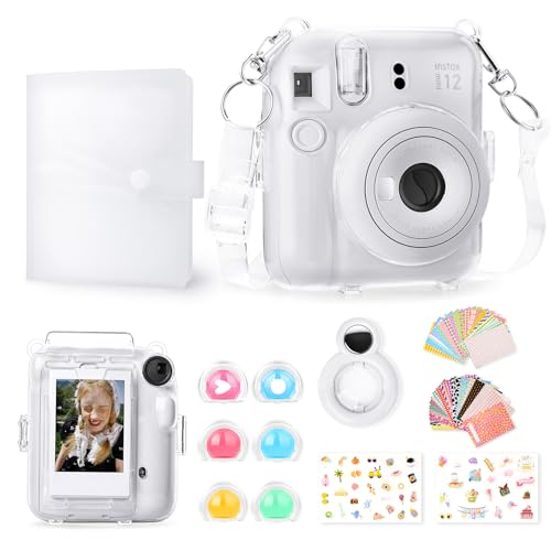 Rieibi Zubehör für Fujifilm Instax Mini 12, Geschenkpaket enthält transparente Instax Mini 12 Hülle mit Gurt, Mini-Fotoalbum, Selfie-Spiegel, DIY-Aufkleber, Farbfilter (o von Rieibi