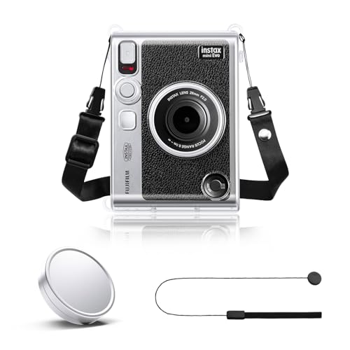 Rieibi Zubehör für Fujifilm Instax Mini Evo Sofortbildkamera, Geschenkpaket inklusive transparentem Instax Mini Evo Tasche Hülle und Instax Mini Evo-Objektivdeckel mit Anti-Verlust-Kordel von Rieibi