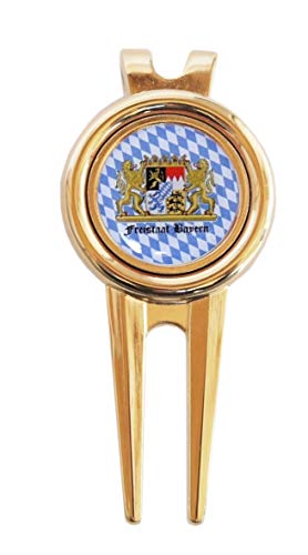 Pitchgabel goldfarben mit Golfball Marker FREISTAAT Bayern Golfgeschenk von RoLoGOLF