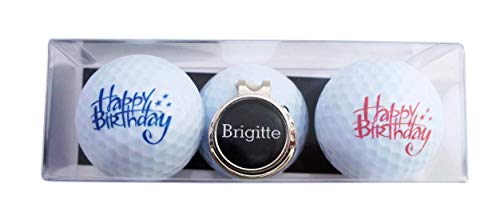 RoLoGOLF Geschenk-Set: 2 Golfbälle mit Happy Birthday - Schriftzügen und Cap-Clip + Marker mit VORNAMEN, über 1500 Namen sofort erhältlich! Geschenk Idee von RoLoGOLF