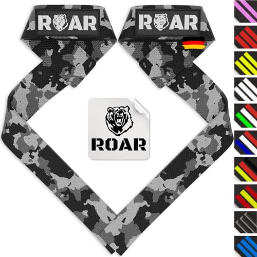 Roar® Profi Zughilfen Krafttraining, Lifting Straps Für Bodybuilding Und Weightlifting, Zughilfen Bodybuilding, Griffhilfen Bodybuilding, Kreuzheben Zughilfe, Lifting Strap, Gym Straps (Cammo) von Roar