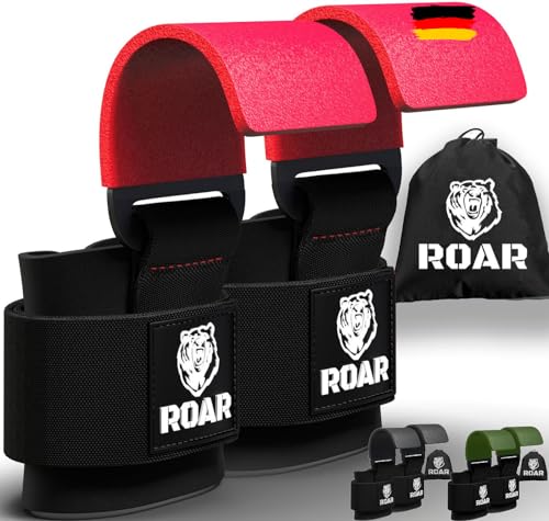 Roar® Stahl Haken zum Gewichtheben Handgelenkbandage Krafttraining Zughilfe Fitness Klimmzughaken Straps Deadlift Weight Lifting Metal Hooks for Professionals Bodybuilding (Rot) von Roar