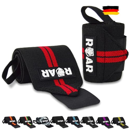 ROAR® Handgelenk Bandagen Fitness, Wrist Wrap, Bandage Handgelenk, Fitness Handgelenkbandage, Trainingsbänder Kraftsport, Krafttraining, Wraps, Gelenkbandage, Bodybuilding, Crossfit, Sport Band (Rot) von ROAR