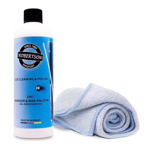 Robertson Billardqueue Oberteil Reiniger 2in1 mit Wachs-Effekt. Cue-Shaft Cleaning/Wax and Conditioner, inkl. Tuch, 200ml. Optimale Pflege, frei von Lösungsmitteln, Made in Germany von Robertson