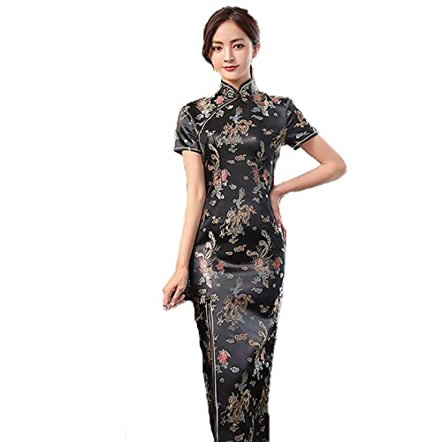 Rock88 Elegante Frauen Cheongsam Blume Stehkragen Chinesisches Traditionelles Abendkleid Sommer Kurzarm Schlank Langes Qipao,Black,S(Chest:82cm) von Rock88