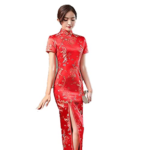 Rock88 Elegante Frauen Cheongsam Blume Stehkragen Chinesisches Traditionelles Abendkleid Sommer Kurzarm Schlank Langes Qipao,Red,1 von Rock88