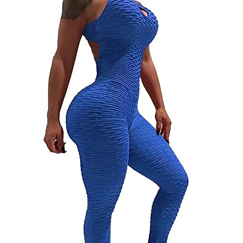 Rock88 Yoga Overall Leggings Elastischer Butt Lift Fitness Sport Bodysuit Rückenfrei Honeycomb Gym Trainingsanzug Strampler Anti Cellulite Jumpsuit,Blue,S(Waist:66cm) von Rock88