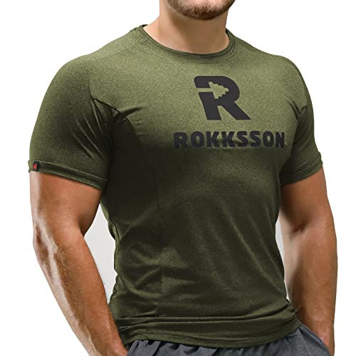 Rokksson Fitness T-Shirt für Herren - Kurzarm-Funktionsshirt, Slim Fit - Für Bodybuilding, Crossfit, Workout & Training - Atmungsaktiv & schnelltrocknend (Moosgrün, M) von Rokksson