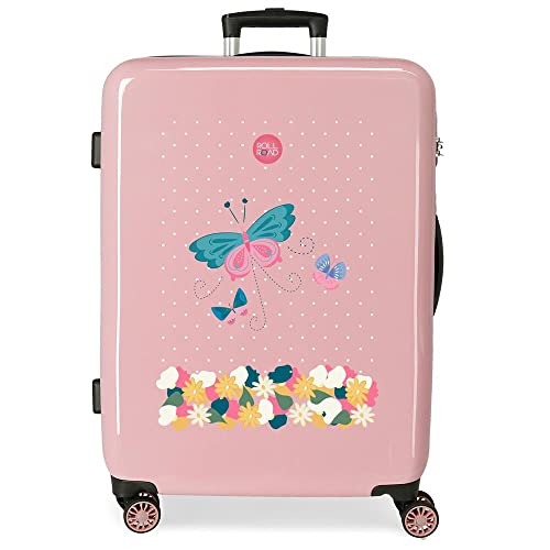 Roll Road Precious Flower Koffer, mittelgroß, Rosa, 48 x 68 x 26 cm, starr, ABS-Verschluss, integriert, 70 l, 3 kg, 4 Räder von Roll Road