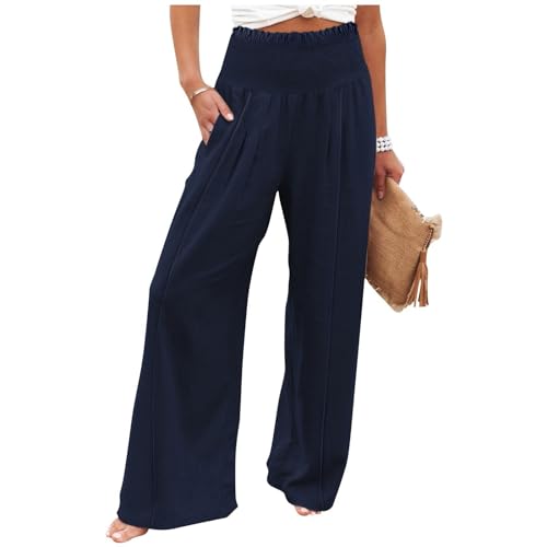 Leinenhose Damen Sommer Baumwolle Leinen Freizeithose Leicht Casual Yogahose Einfarbig Elegant Palazzo Hose Weites Bein Stoff Hose Bequeme Hohe Taille Strandhose mit Taschen von Rosennie