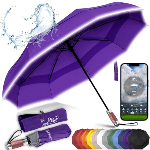 Royal Walk Regenschirm Taschenschirm Sturmfest Automatik Auf und Zu Winddichter Doppelverdeck Klein Stabil Schirm Reflektierend mit Luxuriösem Echtholzgriff für Damen und Herren Umbrella (Lila) von Royal Walk