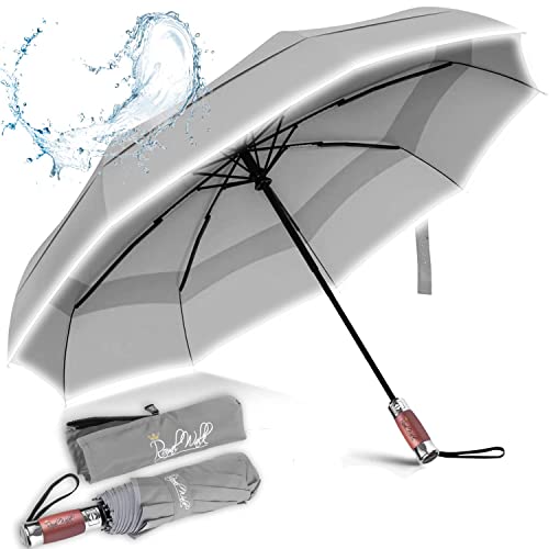 Royal Walk Regenschirm Taschenschirm Sturmfest Automatik Auf und Zu Winddichter Doppelverdeck Klein Stabil Schirm Reflektierend mit Luxuriösem Echtholzgriff für Damen und Herren Umbrella von Royal Walk