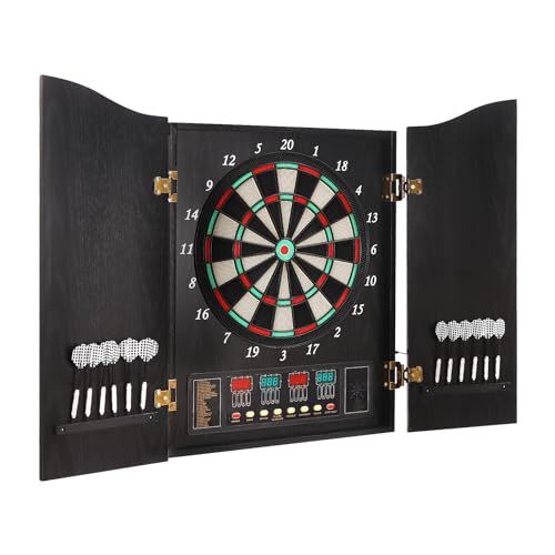 Elektronische Dartscheibe mit Schrank, LED-Display & 27 Spielen, Softdart Dartscheibe Wandmontage, Dartautomat für 16 Spieler, Digitales Dartboard mit Türen, inkl. 12 Darts & Zubehör von Royyalpa