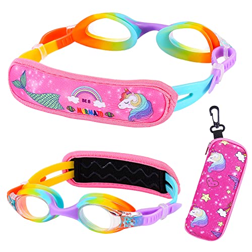 RUIGAO Schwimmbrille für Kinder, Alter 2–6 Jahre, Stoffband, kein Verknoten/einfaches Anziehen, Kinderbrille mit Etui (Kids Goggles-Unicorn) von RUIGAO