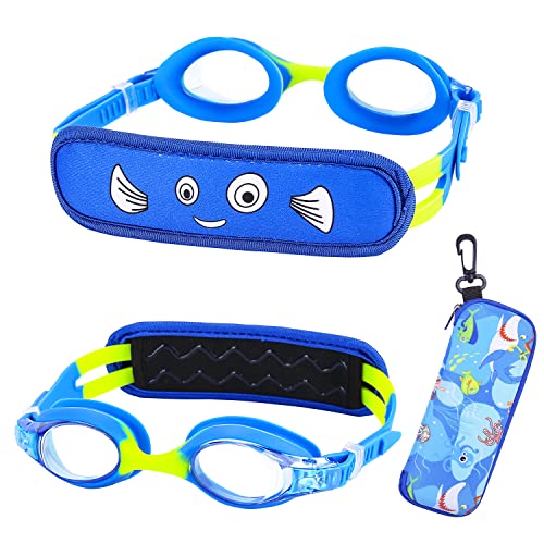 RUIGAO Schwimmbrille für Kinder, Alter 2–6 Jahre, Stoffband, kein Verknoten/einfaches Anziehen, Kinderbrille mit Etui (Kids Goggles-Blue Fish) von RUIGAO