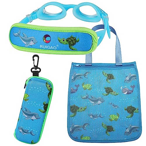 RUIGAO Schwimmbrille für Kinder, Alter 2–6 Jahre, Stoffband, kein Verknoten/einfaches Anziehen, Kinderbrille mit Etui (2PK Toddler Combo - Blue Dolphin) von RUIGAO