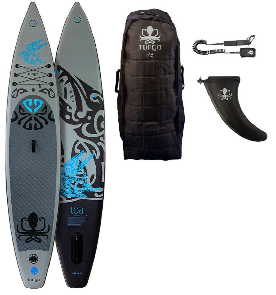 Runga-Boards Inflatable SUP-Board Runga TOA-RACE AIR GREY 12.6 Stand Up Paddling SUP iSUP, (Set 1, mit gepolsterten Trolley-Rucksack, Center-Finne und Coiled-Leash) von Runga-Boards