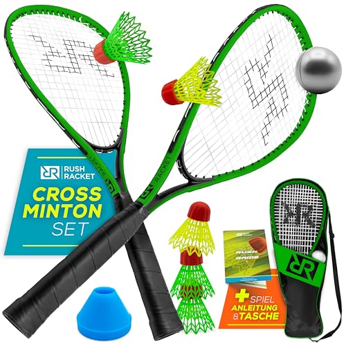 Rush Racket Set RS3 Speed Badminton Set 5-teilig (2X Schläger, 5X Federbälle, 1x Softball, 8X Feldmarkierung, 1x Tragetasche) Crossminton Set - Turbo Badminton Set - Speedbadminton Set (Green) von Rush Racket