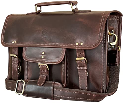 Rustic Town 'Hunter' Aktentasche Leder Herren Vintage groß Klassische Arbeitstasche Bürotasche Umhängetasche Dokumententasche mit Laptopfach 13,3 Zoll (dunkel braun) von Rustic Town