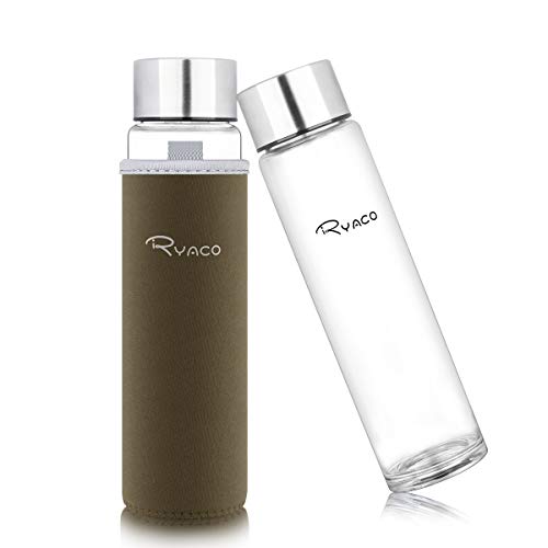 Ryaco Glasflasche Trinkflasche 420ml Borosilikat Classic Tragbare BPA-frei Sportflasche Glas Wasserflasche zum Mitnehmen von kalten Heiß Getränken mit Neopren Tasche und Schwammbürste von Ryaco