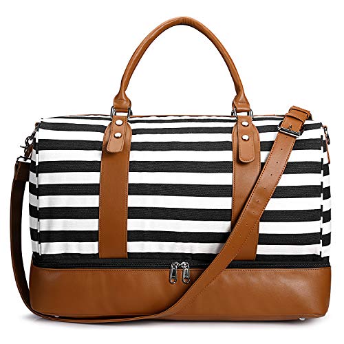 S-ZONE Damen Reisetasche Canvas 45L Weekender Tasche Übergröße Übernachtung Handgepäck Travel Duffle Bag Handtasche Schultertasche mit PU-Lederband und Schuhfach von S-ZONE