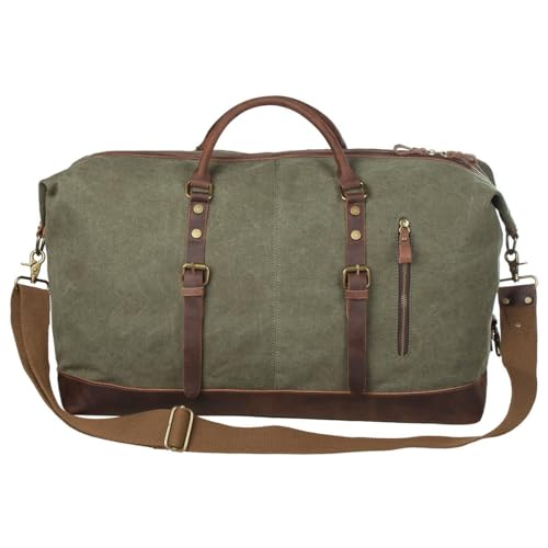 S-ZONE Reisetasche, 60 l, groß, Leinen, echtes Leder, mit Zierbesatz, für Wochenend- und Übernachtungen, für Damen und Herren, Armee-grün, XL von S-ZONE