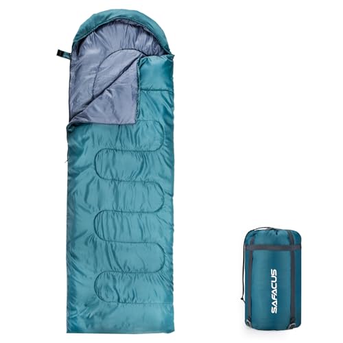 SAFACUS Camping-Schlafsack, 3 Jahreszeiten, warmes und kühles Wetter, leicht, einfach zu bedienen, mit Kompressionsbeuteln, für Erwachsene und Kinder, Outdoor-Reisen, Dunkelblau (Cyan) von SAFACUS