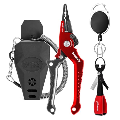 SAMSFX Aluminium-Feststellzangen für Angelsport Fishing Pliers mit schnellem Nagelknoten-Bindewerkzeug und Zinger-Retraktor (7'' Split Ring Nose, Gray & Red Handle) von SAMSFX