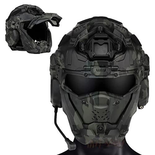 Einstellbarer Vollgesichtsschutzhelm, Airsoft Paintball Taktischer Helm, Vollgesichtshelm mit integriertem Headset, integriertes HD-Headset, NVG-Basis, Anti-Fog-Lüfter, Militärhelm,BCP von SANFAG