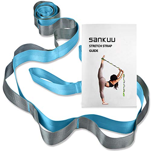 SANKUU Yogagurt, Yoga-Dehnungsband mit 12 Schlaufen, nicht-elastisches Dehnungsband für Physiotherapie, Pilates, Tanz und Gymnastik, mit Tragetasche, blau von SANKUU