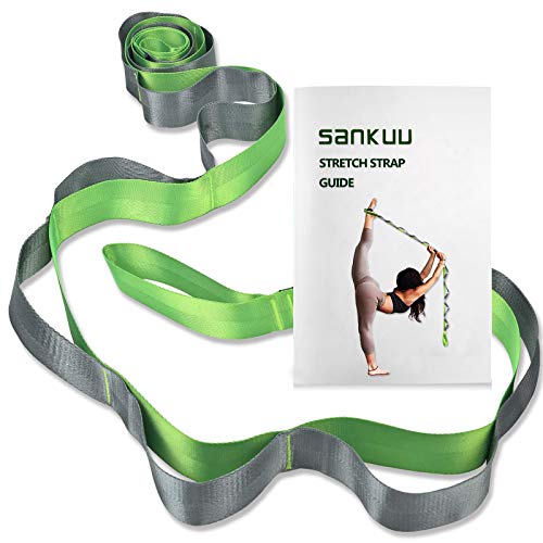 SANKUU Yogagurt, Yoga-Dehnungsband mit 12 Schlaufen, nicht-elastisches Dehnungsband für Physiotherapie, Pilates, Tanz und Gymnastik, mit Tragetasche, grün von SANKUU