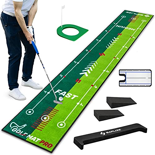 SAPLIZE Golf-Putting-Übungsmatte mit 2 Geschwindigkeiten, mit Ausrichtungsspiegel, 50,8 cm x 3 m, Putting-Trainingshilfe, rutschfeste Unterseite, Golf-Putting-Grün für drinnen und draußen von SAPLIZE