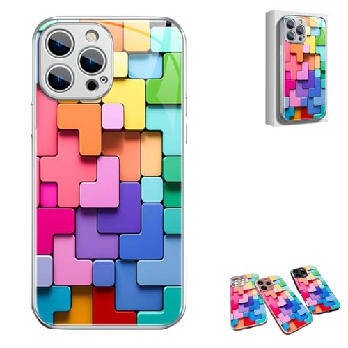 Flat 3D Square Pattern Glass Case Cover for iPhone, Cool Colorful Phone Case, for iPhone 11 12 13 14 15 Pro Max (for iPhone 13ProMAX,Silver) von SARUEL