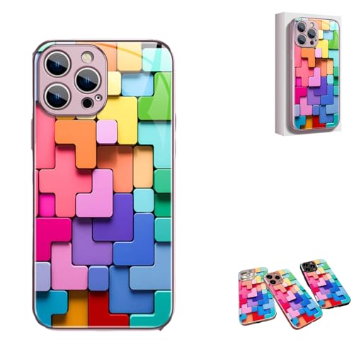 Flat 3D Square Pattern Glass Case Cover for iPhone, Cool Colorful Phone Case, for iPhone 11 12 13 14 15 Pro Max (for iPhone 15ProMAX,Pink) von SARUEL