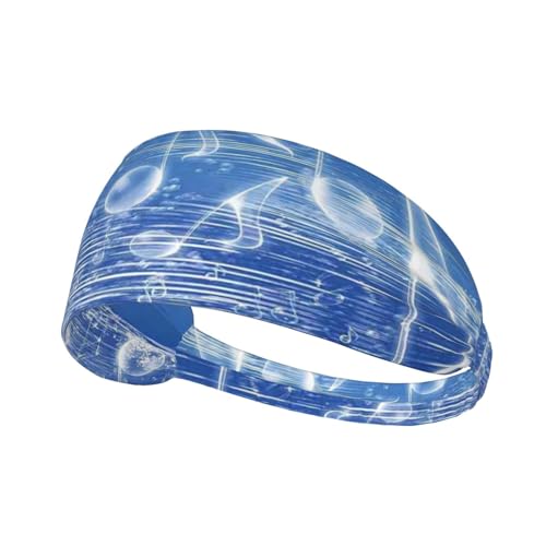 Blaues Sport-Stirnband mit Musiknoten-Aufdruck, für Herren und Damen, feuchtigkeitsableitendes Schweißband, elastisch, breit, für Laufen, Radfahren, Basketball, Fitnessstudio, Fußball von SATUSA