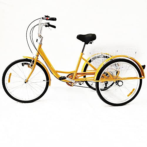 SAUADY Faltbares Dreirad für Erwachsene 24 Zoll 3 Räder Fahrrad Mit LED Licht Gemüsekorb 6 Gänge höhenverstellbar mit faltbarem Korb vorne Senioren Für Alle Straßenoberflächen Gelb von SAUADY