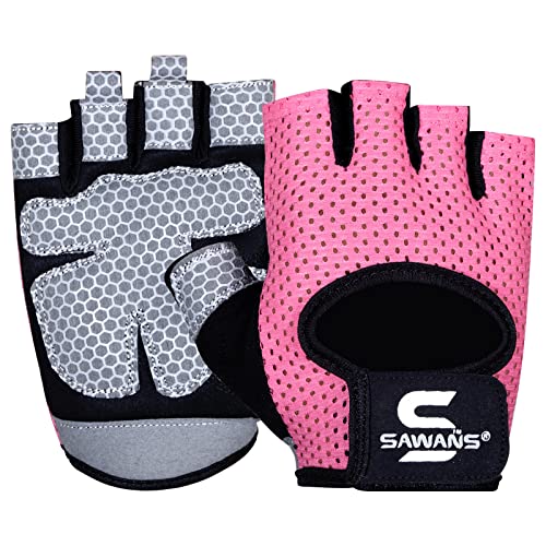 SAWANS Fitness-Handschuhe für Männer und Frauen, Gewichtheben, Fitness-Handschuhe, atmungsaktiv, Damen-Handschuhe, Training, rutschfest, Silikon, gepolsterte Handfläche, Mikrofaser (Large, Pink) von SAWANS