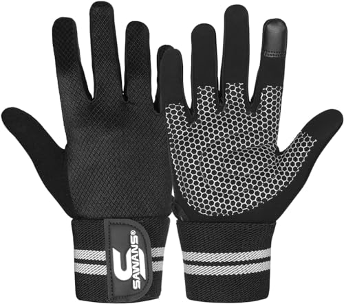 Gewichtheber-Handschuhe, Fitnessstudio, Trainingshandschuhe Handgelenkbandage Männer Frauen Fingerlose Handschuhe volle Finger gepolstert, rutschfeste Handfläche, Bodybuilding (Vollfinger Schwarz, XL) von SAWANS