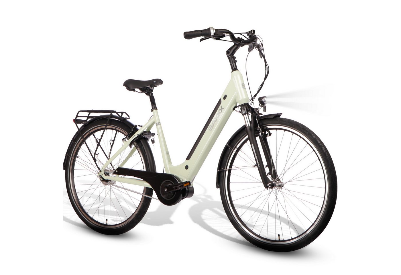 SAXXX E-Bike Cityrad 28'' für Damen und Herren, Pedelec E-Citybike 60-100km, V-Bremsen, 7 Gang Shimano Nexus Schaltwerk, Nabenschaltung, Mittelmotor, 418 Wh, (mit Akku-Schlüssel, mit Rahmenschloss, mit Gepäckträger), Elektrofahrrad mit Federgabel und gefederter Sattelstütze von SAXXX