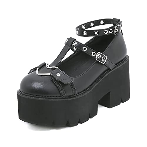 Damen Mary Jane Schuhe T-Strap Chunky Heel Goth Platform Lolita Schuhe Round Toe Kleid Uniform PU Leder Pumps Schuhe,Schwarz,41 von SAndal