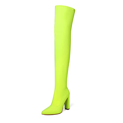 Elastische Overknee-Stiefel für Damen, Oberschenkel hoch, spitzer Zeh, klobiger Blockabsatz, Lange, sexy Herbststiefel, Modenschau, Kleid, Stiefel, Schuhe mit seitlichem Reißverschluss,Gelb,40 von SAndal