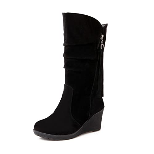 Women's Suede Wide Calf Knee High Boots Keilstiefel Runde Zehe Slip-on Comfy Casual Party Warm Winter Stiefel,Schwarz,34 von SAndal