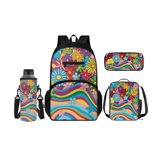 SCRAWLGOD 4-teiliges Kinder-Rucksack-Set, Schul-Büchertasche mit isolierter Lunchbox, Federmäppchen, Wasserflaschenhalter für Mädchen und Jungen, Abstrakte Hippie-Blume von SCRAWLGOD
